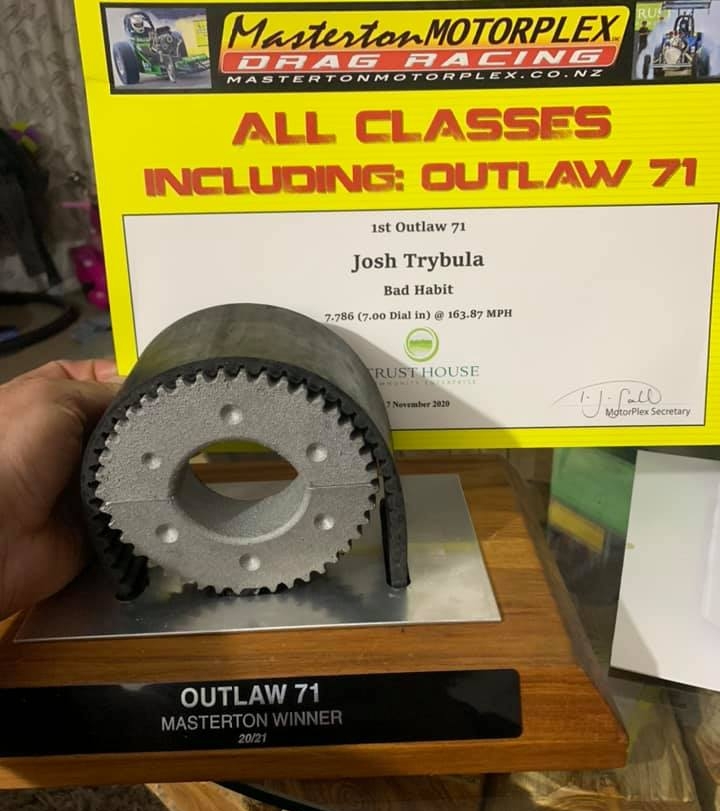 Josh Trybula took home this cool trophy with a win in the Outlaw 71 bracket